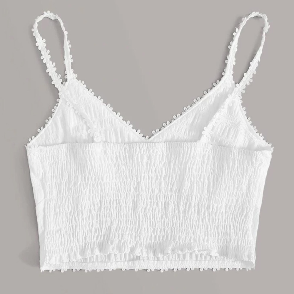 Appliques Button Front Shirred Back Crop Cami Top - Picture 2 of 7